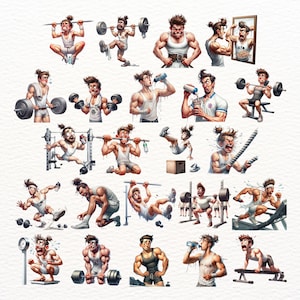 Puede incluir: Una ilustraci&oacute;n digital de un hombre en varias poses, haciendo ejercicio en el gimnasio. Est&aacute; levantando pesas, haciendo dominadas y bebiendo agua. La ilustraci&oacute;n es de estilo de dibujos animados y presenta una variedad de equipos de gimnasio.