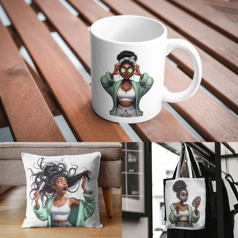 May include: White ceramic mug, pillow, and tote bag featuring a cartoon illustration of a woman with cucumber slices on her eyes. The woman is wearing a green robe, white top, and gray sweatpants. The pillow shows her brushing her hair.