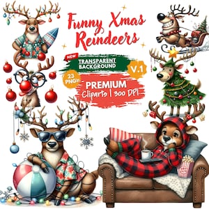 Lustige Weihnachtsrentier-Cliparts (PNG), verspielte Feiertagsgrafiken (Digitaler Download)