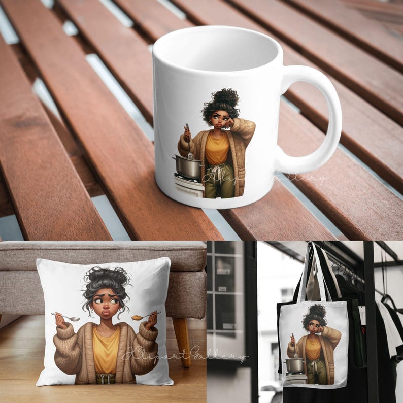 Puede incluir: Taza de cer&aacute;mica blanca, coj&iacute;n y bolso tote con una ilustraci&oacute;n de dibujos animados de una mujer con una blusa amarilla y una rebeca marr&oacute;n, cocinando. La taza tiene un asa blanca. El coj&iacute;n es cuadrado. El bolso tote es blanco y negro.