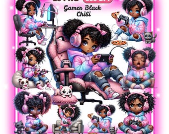 May include: A set of 16 digital illustrations featuring a black chibi gamer girl in various poses. The girl is wearing pink headphones, a pink hoodie, and blue jeans. She is holding a video game controller and sitting in a pink gaming chair. The illustrations are perfect for use in digital scrapbooking, card making, and other creative projects.