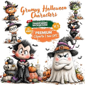 Grumpy Halloween Characters Clipart Bundle, Cute Spooky Monsters, Ghost Vampire Sublimation, 21 Transparent PNG