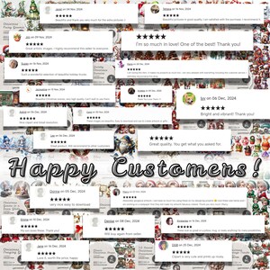 Puede incluir: Un collage de comentarios positivos de clientes para im&aacute;genes digitales de clipart. Las rese&ntilde;as se muestran en cuadros coloridos con estrellas y texto. El texto incluye frases como "Gran calidad", "Estoy tan enamorada", "Brillante y vibrante", y "muy f&aacute;cil de descargar". El collage se coloca sobre un fondo de im&aacute;genes de clipart con tem&aacute;tica navide&ntilde;a.