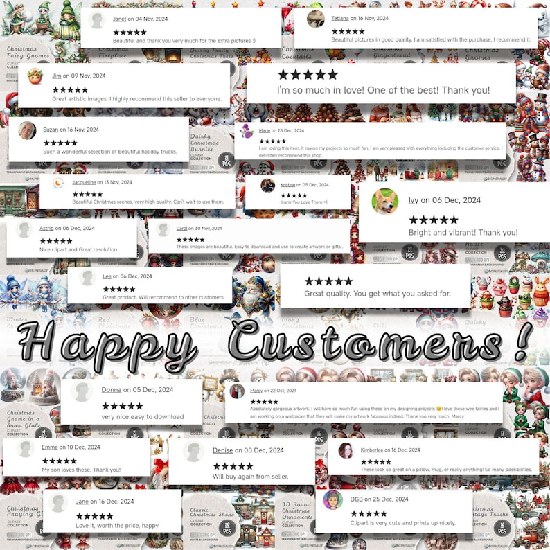 Puede incluir: Un collage de comentarios positivos de clientes para im&aacute;genes digitales de clipart. Las rese&ntilde;as se muestran en cuadros coloridos con estrellas y texto. El texto incluye frases como "Gran calidad", "Estoy tan enamorada", "Brillante y vibrante", y "muy f&aacute;cil de descargar". El collage se coloca sobre un fondo de im&aacute;genes de clipart con tem&aacute;tica navide&ntilde;a.