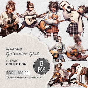 Könnte beinhalten: Eine digitale Clipart-Kollektion mit dem Titel "Quirky Guitarist Girl" mit Illustrationen von Mädchen mit Gitarren. Die Bilder zeigen verschiedene Posen und Ausdrücke, mit transparentem Hintergrund. Die Kollektion umfasst 17 PNG-Dateien mit 300 DPI.