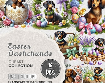 May include: A digital clipart collection of 16 Easter-themed dachshund illustrations. The images feature dachshunds in various poses, including sitting in baskets, holding Easter eggs, and wearing flower crowns. The illustrations are set against a background of spring flowers, Easter eggs, and other festive decorations. The text "Easter Dashchunds" and "16 PCS" is included in the image.