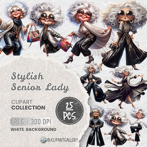 Fashionable Granny JPEG Clipart Bundle, Glamorous Senior Woman Cartoon Illustrations, Quirky Elderly Lady Clipart, Fun Digital Art Stickers