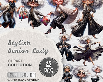 Fashionable Granny JPEG Clipart Bundle, Glamorous Senior Woman Cartoon Illustrations, Quirky Elderly Lady Clipart, Fun Digital Art Stickers