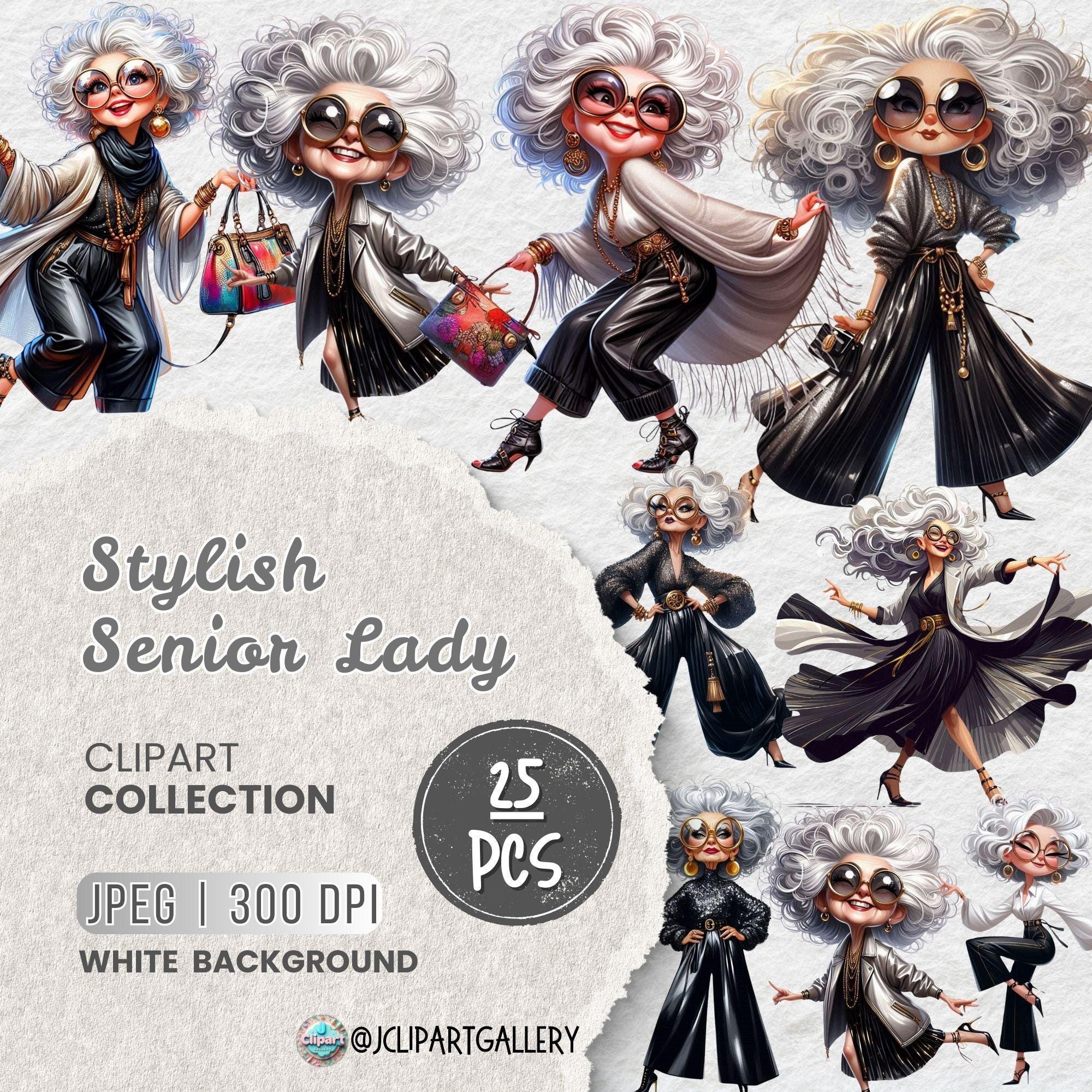 Fashionable Granny JPEG Clipart Bundle, Glamorous Senior Woman Cartoon ...
