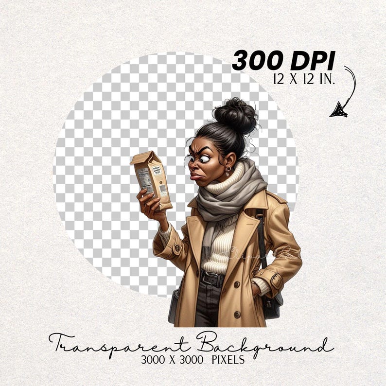 Op de afbeelding: Een digitale illustratie van een persoon met donker haar in een hoge knot, gekleed in een beige trenchcoat over een witte coltrui en een grijze sjaal. De persoon houdt een klein bruin papieren pakketje vast met een sceptische gezichtsuitdrukking.