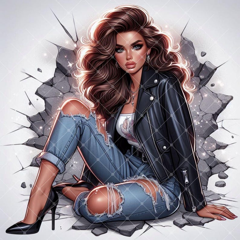 May include: A woman with long brown hair is wearing a black leather jacket, ripped blue jeans, and black high heels. She is sitting on a broken concrete surface with a sparkling background.
