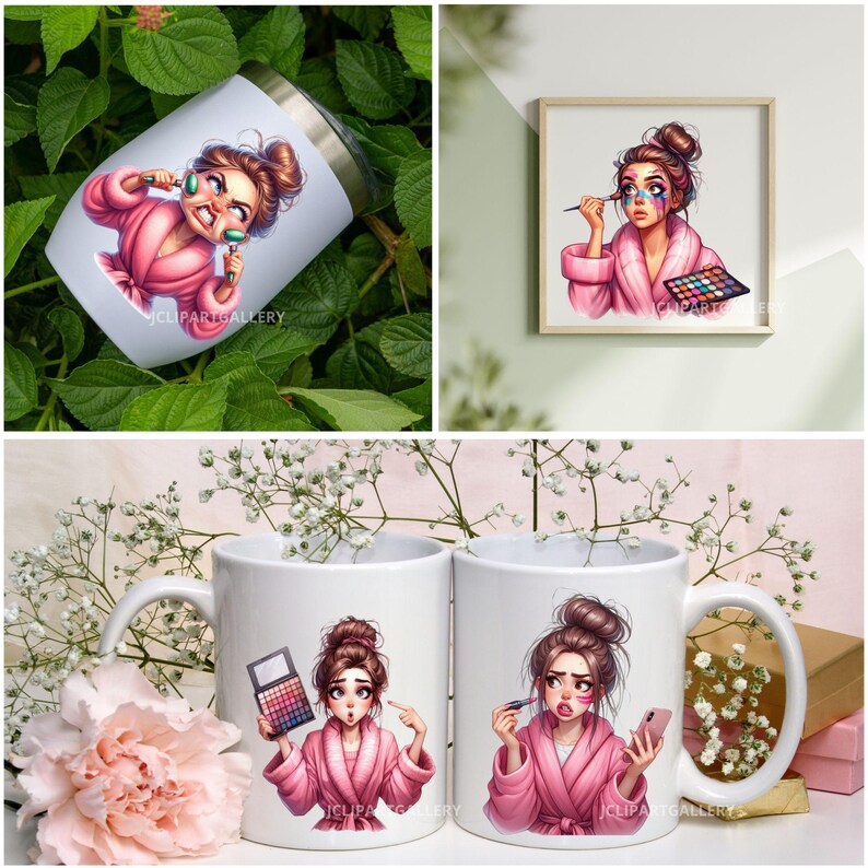 K&ouml;nnte beinhalten: Zwei wei&szlig;e Tassen mit einem Design einer Frau in einem rosa Morgenmantel mit Make-up und einer Make-up-Palette. Eine Tasse zeigt die Frau, die einen Make-up-Pinsel h&auml;lt, und die andere zeigt die Frau, die ein Telefon h&auml;lt.