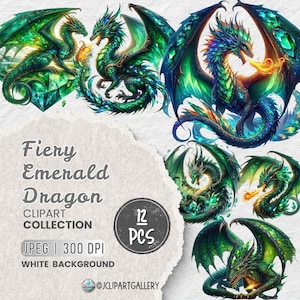 以下が含まれることがあります： 輝く目と翼を持つ、炎のようなエメラルドグリーンのドラゴン12体のデジタルクリップアートコレクション。ドラゴンは、飛んでいる、座っている、火を吹いているなど、さまざまなポーズをとっています。背景は白です。Fiery Emerald Dragon Clipart Collection 12 PCS JPEG | 300 DPI WHITE BACKGROUND @JCLIPARTGALLERY