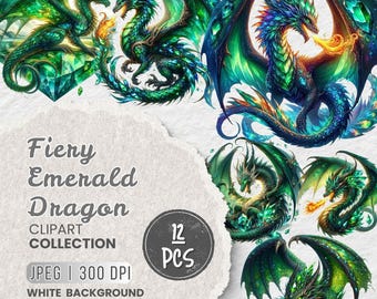 Green Emerald Dragon JPEG Clipart Bundle, Watercolor Fantasy Dragon PNG, Digital Emerald Dragon Art for Sublimation, Stickers, Scrapbooking