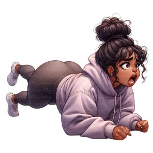 May include: Digital illustration of a person in a light purple hoodie and dark gray leggings, lying on the ground with a surprised expression. The person has dark hair in a bun and is wearing white sneakers.