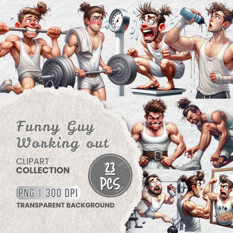 Puede incluir: Una colecci&oacute;n de clipart digital de 23 ilustraciones divertidas de un hombre haciendo ejercicio. Las ilustraciones presentan a un hombre en varias poses, incluyendo levantar pesas, usar una b&aacute;scula y beber agua. Las ilustraciones son de estilo de dibujos animados y tienen un tono humor&iacute;stico.