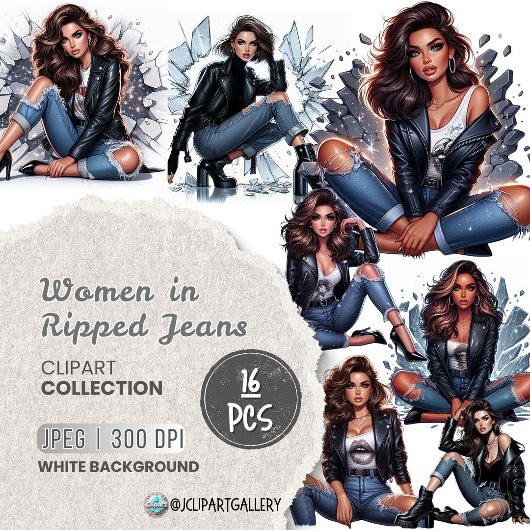Woman in Ripped Jeans JPEG Clipart, Urban Clipart Denim