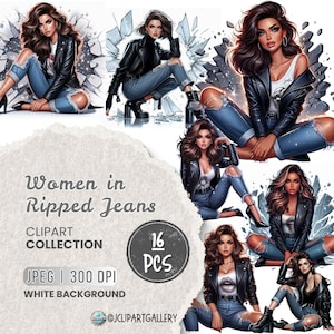 Woman in Ripped Jeans JPEG Clipart, Urban Clipart Denim Fashion Girl Clipart City Girl Illustration Graffiti Girl Junk Journal Scrapbooking