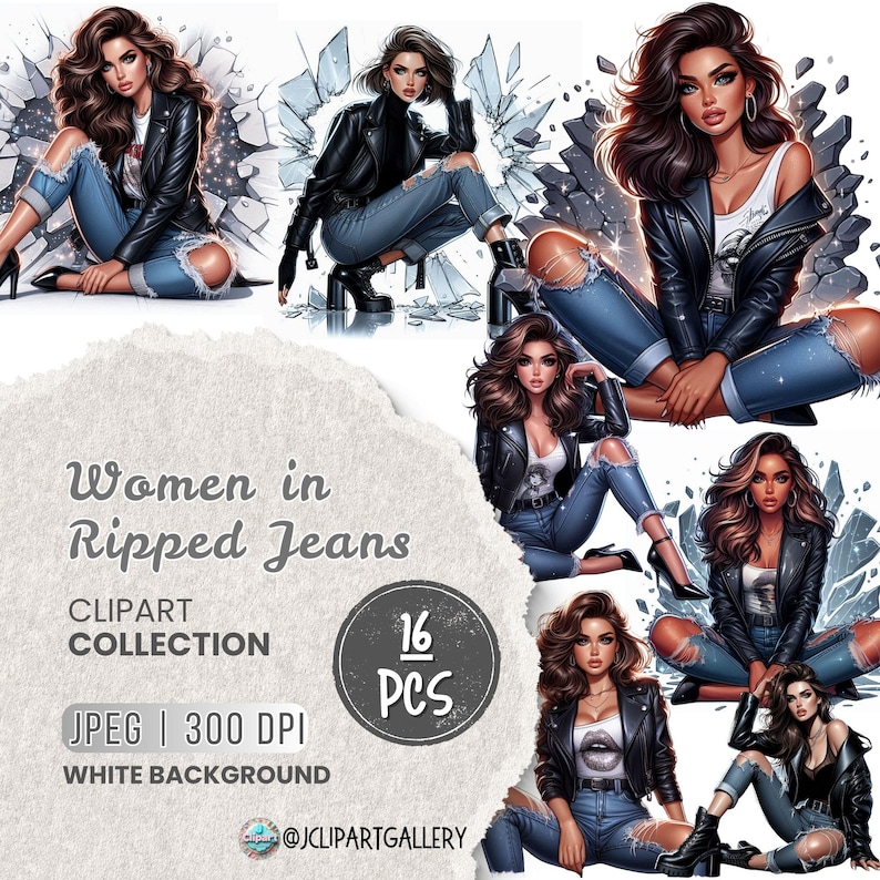 May include: A digital clipart collection of 16 images featuring women in ripped jeans and leather jackets. The images are set against a white background.  Women in Ripped Jeans Clipart Collection 16 PCS JPEG | 300 DPI WHITE BACKGROUND @JCLIPARTGALLERY