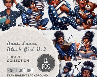 Op de afbeelding: Digitale clipartcollectie "Book Lover Black Girl V.2" met illustraties van een zwarte vrouw in pyjama's met sterrenpatroon met boeken en een teddybeer. De collectie bevat 12 PNG-afbeeldingen met een transparante achtergrond.