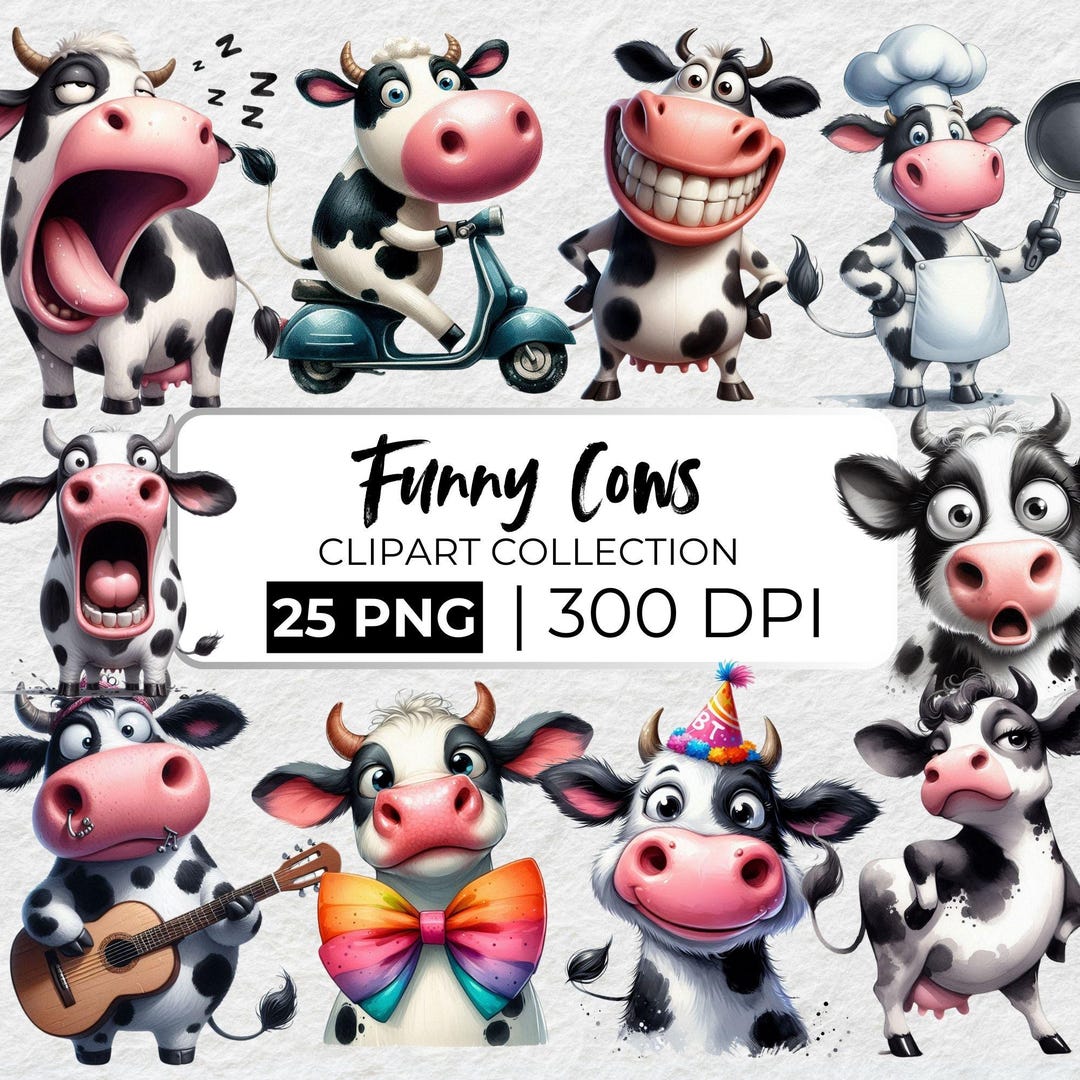 Funny Cute Cow PNG Clipart Bundle, Farm Cow Clipart, Watercolor Cows ...