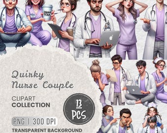 Quirky Nurse Couple Clipart Bundle, Funny Nurse Life PNG Set, Medical Team Cartoon Characters for Planners, Journals, Crafts, Sublimation
