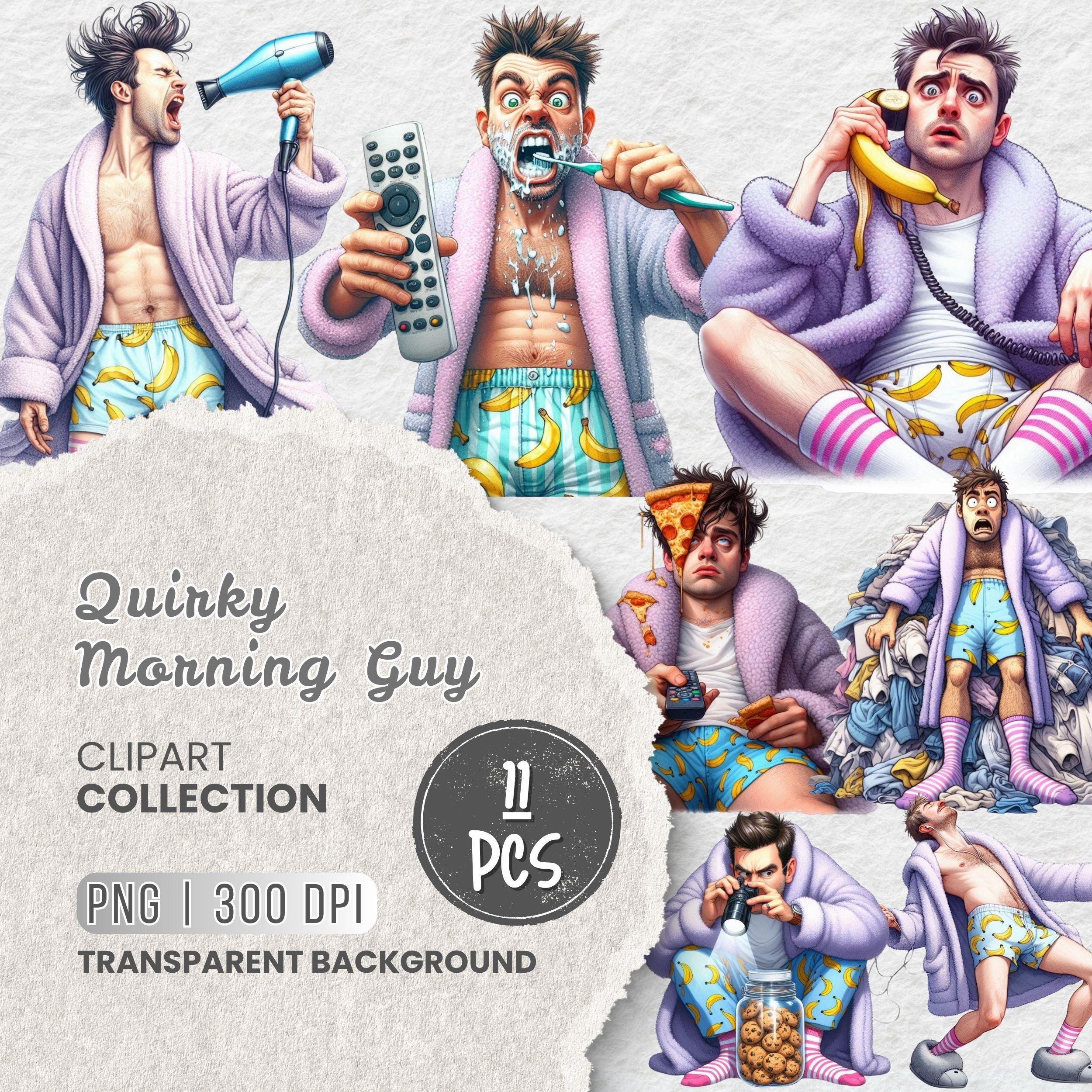 Funny Man Robe Quirky Morning Guy Clipart, Funny Lazy Day Cartoon With Banana Boxers ...