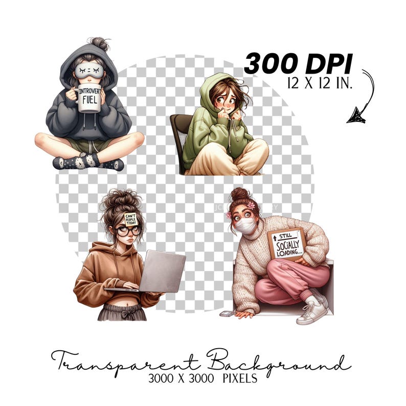 Introvert tjej Clipart, social batteri låg tjej, självvårdande lat dag tecknad film, antisocialt humör, roliga digitala klistermärken, lat dag tjej, hantverk bild 8