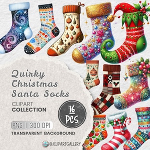 Pode incluir: Um conjunto de 16 meias de Natal originais em várias cores e padrões. As meias são decoradas com glitter, estrelas, flocos de neve e outros desenhos festivos. O texto "Quinky Christmas Santa Socks" e "16 PCS" é visível na imagem.