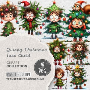 Quirky Christmas Tree Child Clipart Bundle, Funny Xmas Kids in Tree Costumes, Funny Christmas, Holiday Cartoon for Cards, Craft, Sublimation