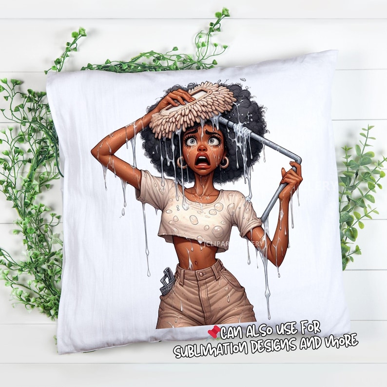 May include: White pillow with a cartoon illustration of a woman looking shocked while holding a mop and a pipe, with water dripping down. The woman is wearing a white crop top and tan shorts. Text at the bottom reads "CAN ALSO USE FOR SUBLIMATION DESIGNS AND MORE."