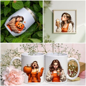 May include: Two white ceramic mugs with handles. The mugs feature illustrations of women with orange outfits and fall-themed accessories. One mug shows a woman holding a pumpkin, the other shows a woman holding a coffee cup. The mugs have the text "jclipartsgallery" on the bottom.