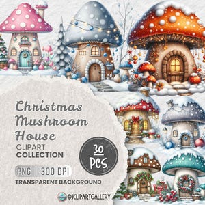 Paquete de imágenes prediseñadas de acuarela de hongos navideños PNG, gráficos de hongos del bosque, ilustraciones de naturaleza mágica, creación de tarjetas, diarios basura