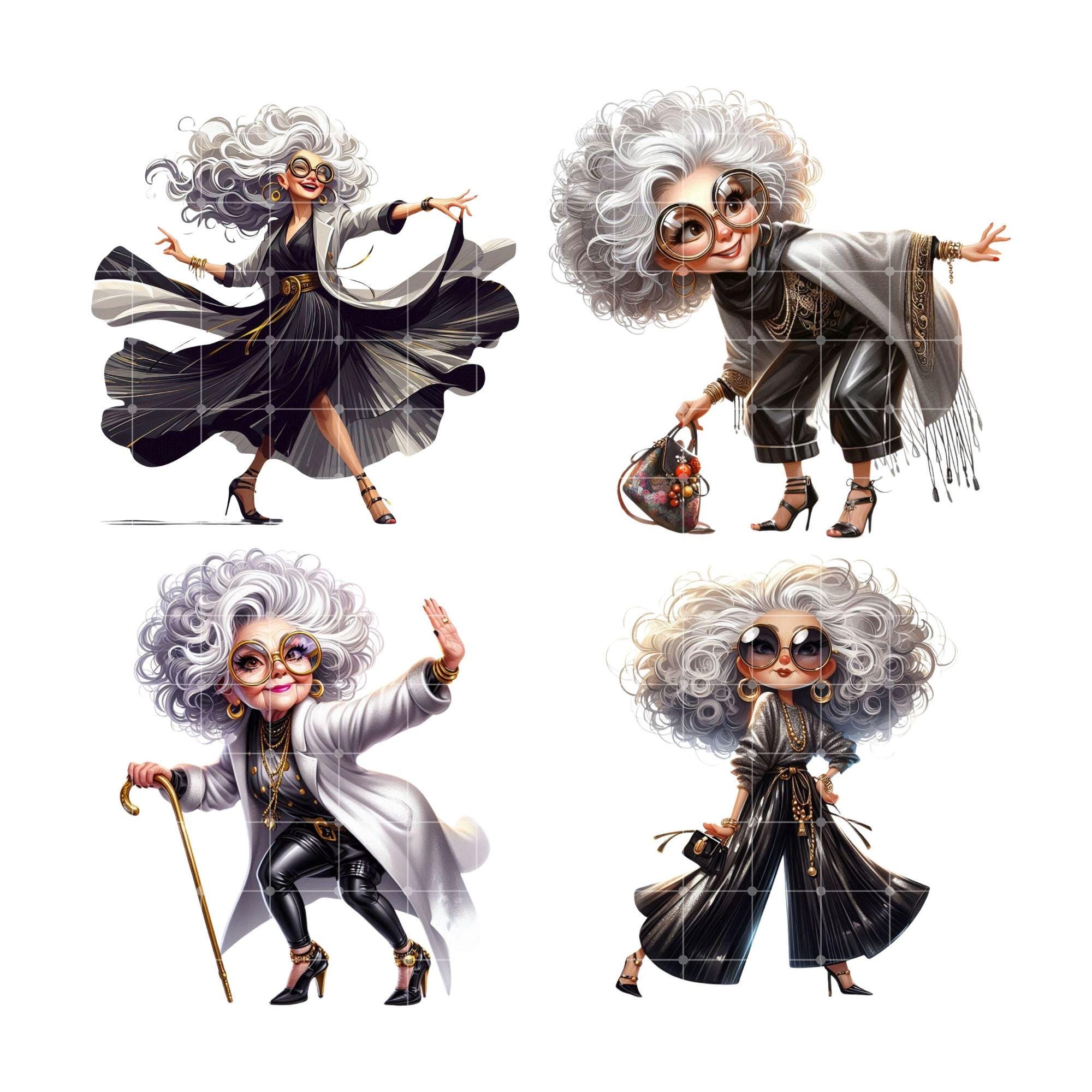 Fashionable Granny JPEG Clipart Bundle, Glamorous Senior Woman Cartoon ...