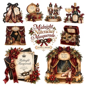 May include: A collection of digital illustrations featuring a Midnight Nutcracker Masquerade theme, including ballet slippers, nutcrackers, a champagne bottle, a masquerade mask in a box, stage curtains, and decorative stationery with poinsettias.
