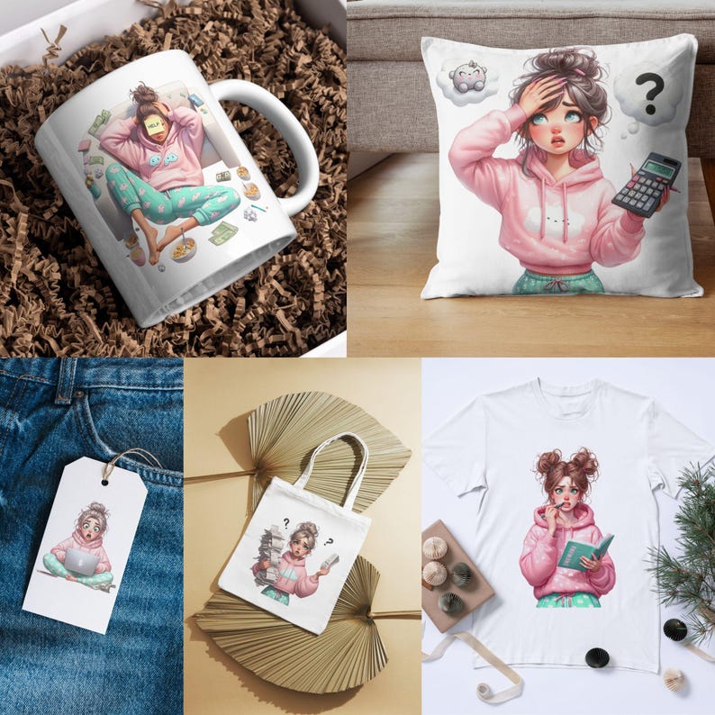 May include: A collection of items featuring a cartoon illustration of a person in a pink hoodie. The items include a white mug, a throw pillow, a tote bag, a t-shirt, and a tag on denim. The illustration depicts a person with a stressed expression.
