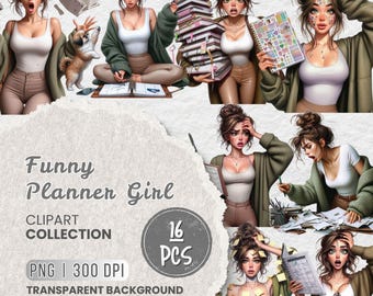 Quirky Planner Girl Clipart, Watercolor Style, Pastel Scrapbooking (PNG)