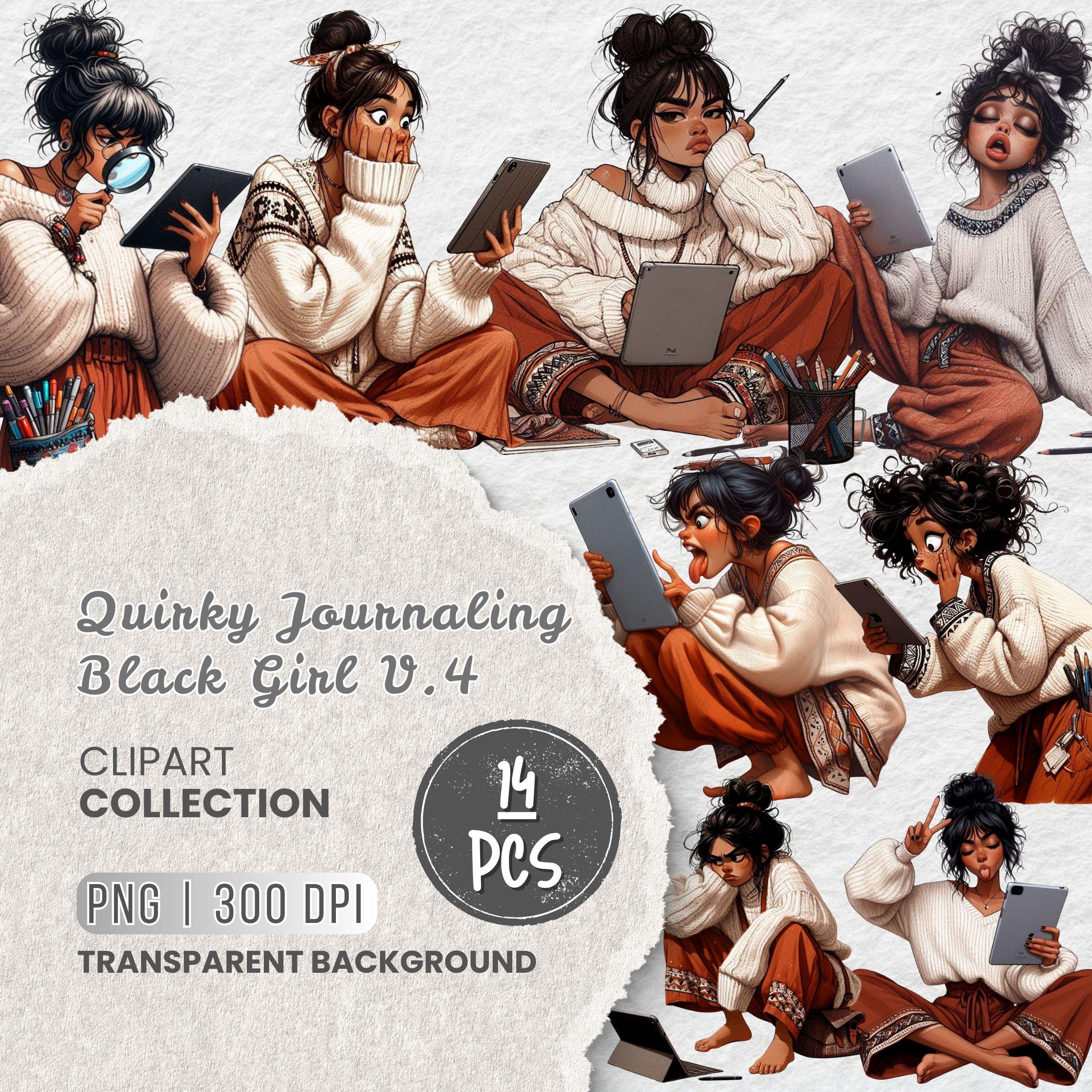 Quirky Journaling Black Girl Clipart Bundle, Cozy Quirky