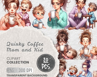 Paquete de imágenes prediseñadas divertidas de mamá y niño tomando café, ilustraciones PNG de madre cansada (descarga digital)