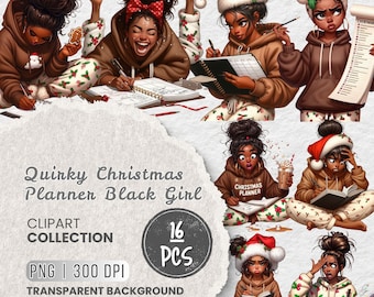 May include: A digital clipart collection featuring illustrations of Black girls in Christmas-themed attire. The images include girls wearing Santa hats, hoodies, and pajamas, engaged in activities like planning and reading. The collection includes 16 PNG images with a transparent background.
