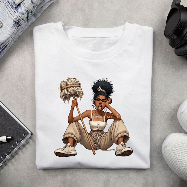May include: White t-shirt featuring a cartoon illustration of a woman sitting with a mop, sticking her tongue out. She wears a white crop top, beige pants, and sneakers. The image has the text "CLIPARTGALLERY".