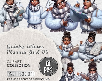 Black Girl Planner Clipart Bundle, Afro American Girl, Cozy Bookish Winter Png, Quirky Black Woman, Projects, Crafts, Sublimation