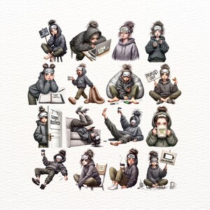 Puede incluir: Una colecci&oacute;n de ilustraciones en acuarela que representan a una persona en varios estados de relajaci&oacute;n y agotamiento. La persona lleva una sudadera con capucha gris, una m&aacute;scara para dormir y sostiene carteles con frases como "No molestar" y "Bater&iacute;a baja".
