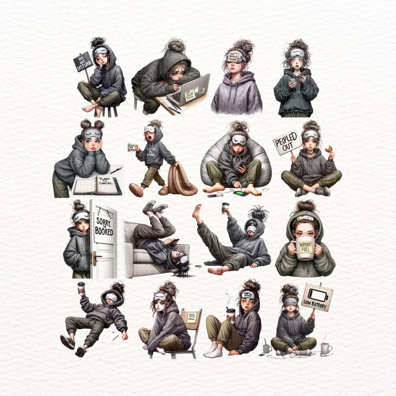 Puede incluir: Una colecci&oacute;n de ilustraciones en acuarela que representan a una persona en varios estados de relajaci&oacute;n y agotamiento. La persona lleva una sudadera con capucha gris, una m&aacute;scara para dormir y sostiene carteles con frases como "No molestar" y "Bater&iacute;a baja".