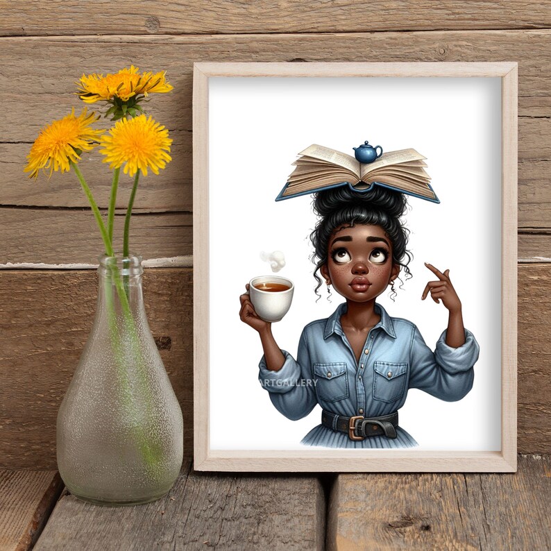 May include: A digital illustration of a Black woman with a book balanced on her head and a teapot on top of the book. She is holding a cup of coffee and looking up. The background is white.