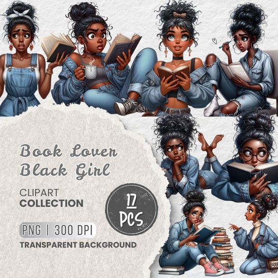 Black Girl Reading Clipart Bundle, Cozy Book Lover for Journaling, Quirky Black Girl Clipart, Afro Girl Clipart, Scrapbooking, Sublimation