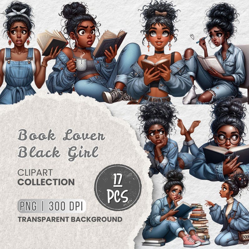 May include: Digital clipart collection of 17 illustrations featuring Black girls reading books. The girls are wearing denim jackets and jeans. The illustrations have a cartoon style and are set against a transparent background.