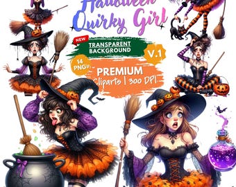 Quirky Halloween Witch Girl Clipart, Halloween Costume, Cute Spooky Art, Funny Girl Clipart for Stickers, Crafts, Sublimation, Projects