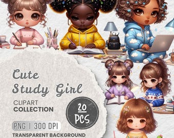 Cute Study Girl Clipart Bundle, Kawaii Schoolgirl PNG, Planner Stickers (Digital Download)