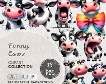 Funny Cute Cow PNG Clipart Bundle, Farm Cow Clipart, Watercolor Cows, Funny Cow PNG, Funny Cow Sublimation, Quirky Animals, Commercial Use